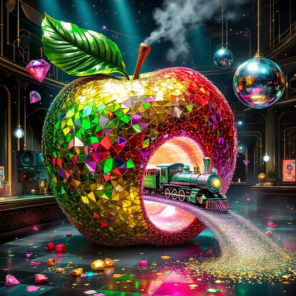 Vibrant Disco Apple with Shimmering Train in Retro-Futuristi...
