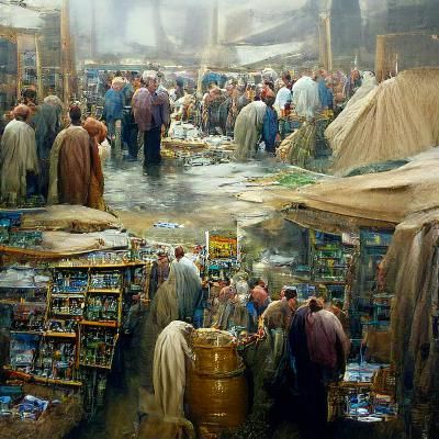 Bustling Iraqi Market as Oil Painting