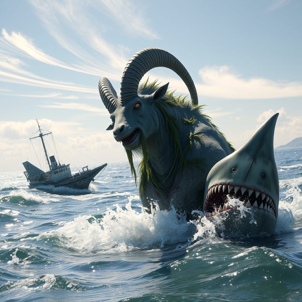 Apocalyptic Sea Goat vs CyberShark in Post-Apocalyptic Ocean