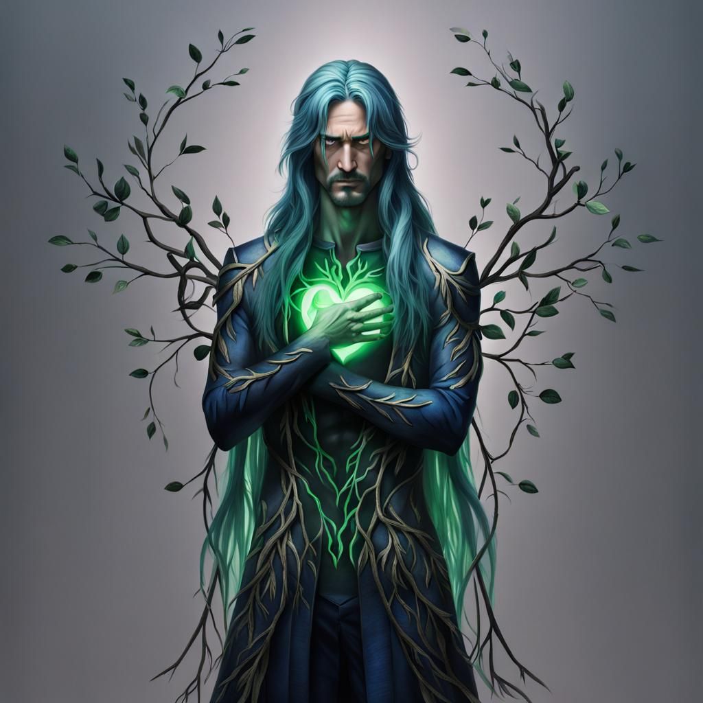 Sad Man with Glowing Heart Branches