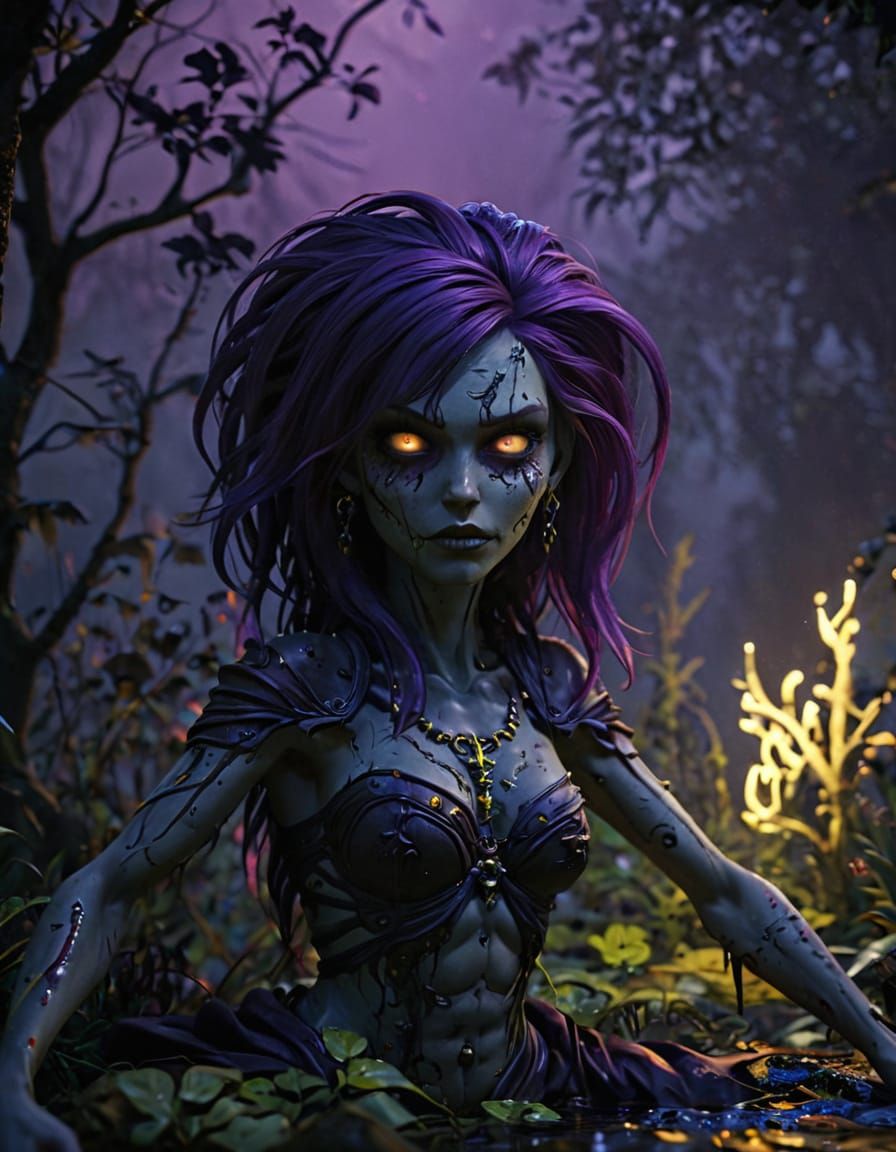 Cute Zombie Girl Rises from Swampy Grave in Dark Fantasy Art