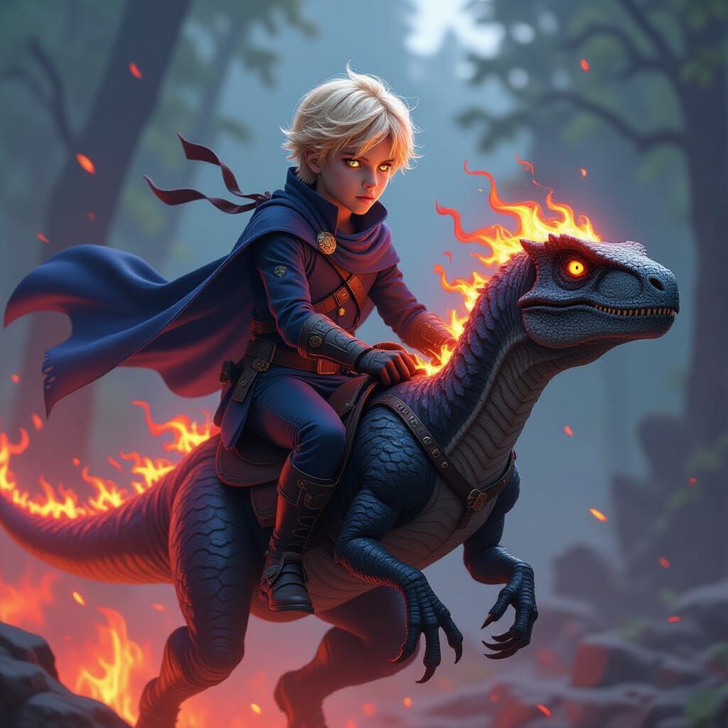 Teenage Boy Rides Fiery Velociraptor in Dark Fantasy Art