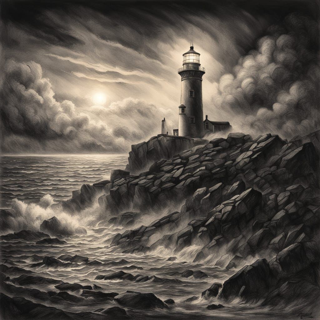 Dramatic Coastal Lighthouse in Charcoal Drawing