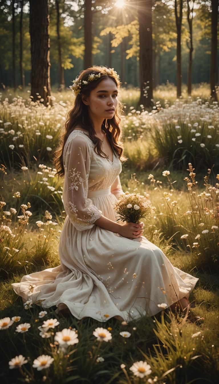 Girl in Floral Meadow with Warm Lighting