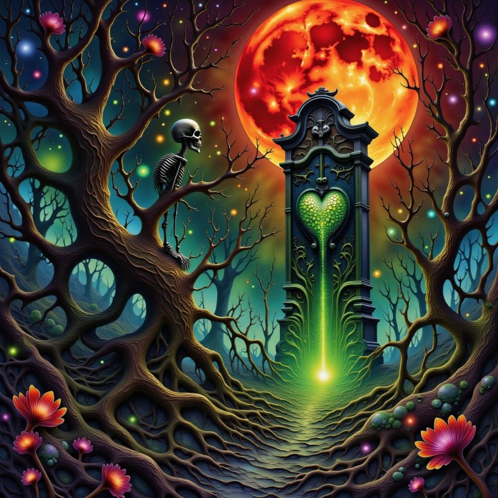 Gothic Romance Painting of Desolate Landscape and Tombstone