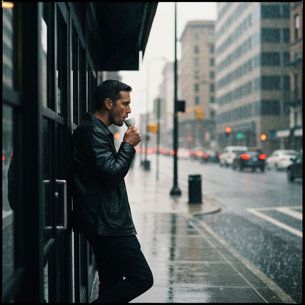 Man Sips Espresso in Dramatic Rainy Cityscape
