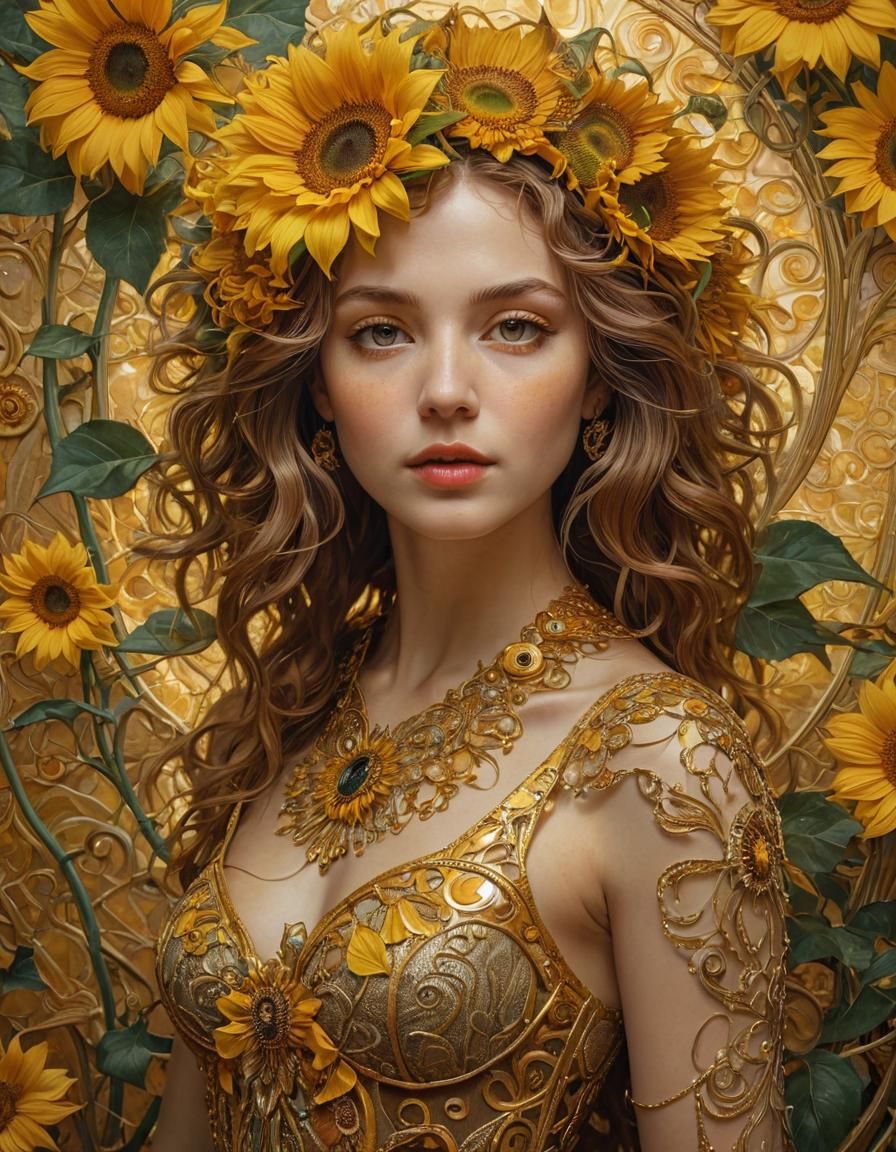 Art Nouveau Sunflower Portrait in Klimt Style