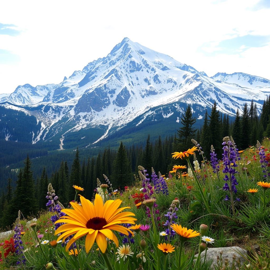 Mountain Snowscape with Vibrant Blooms