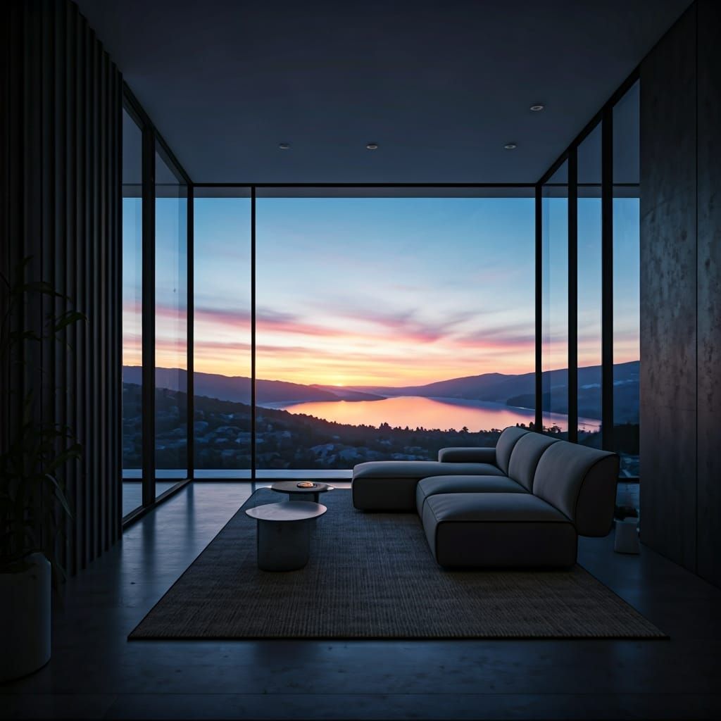 Modern Apartment Overlooking Mountain Lake, Syd Mead Style