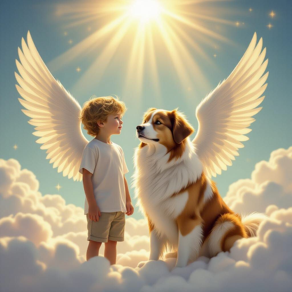 Divine Angelic Boy and Dog in Heavenly Light