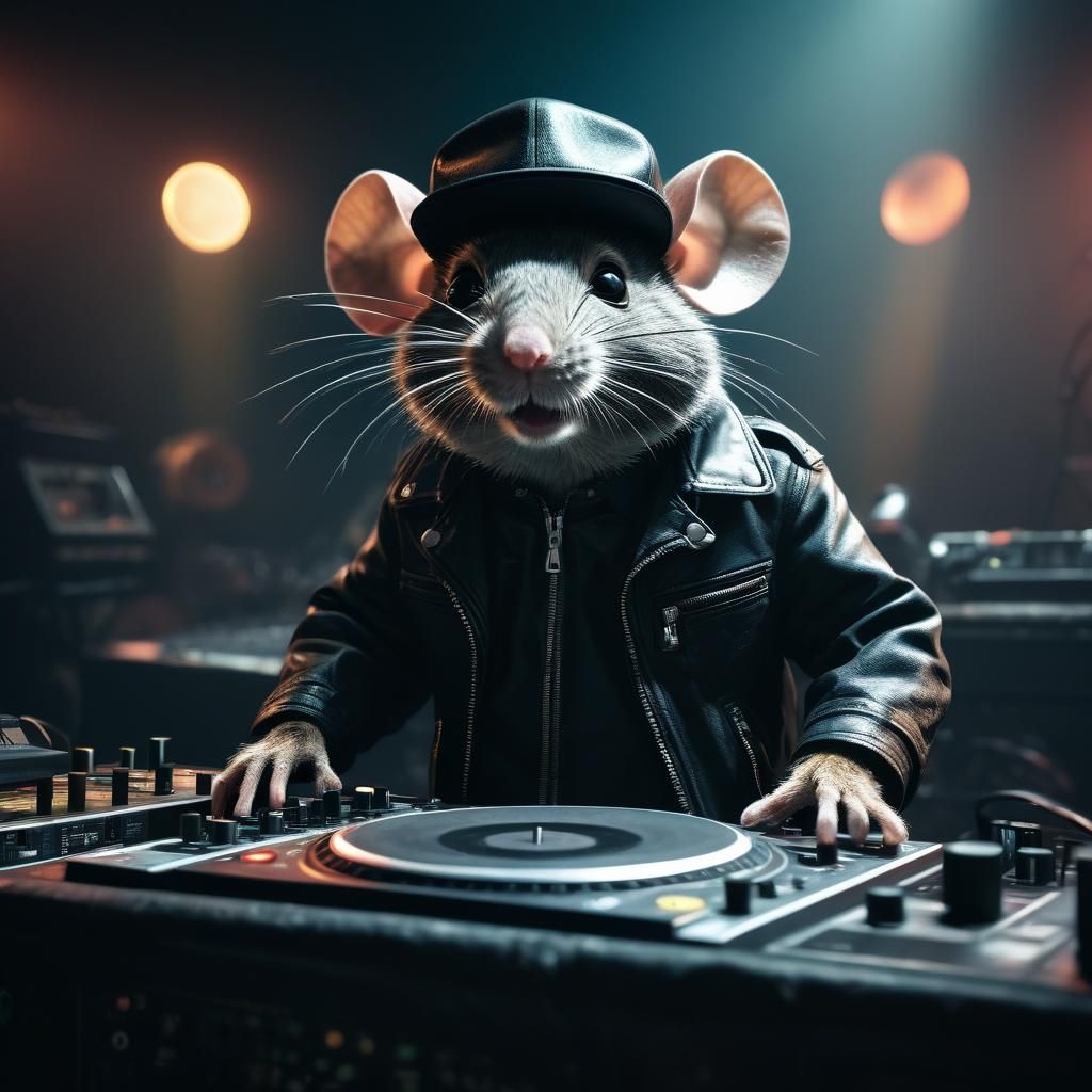 Mouse DJ in Leather Jacket: Cinematic Film Still