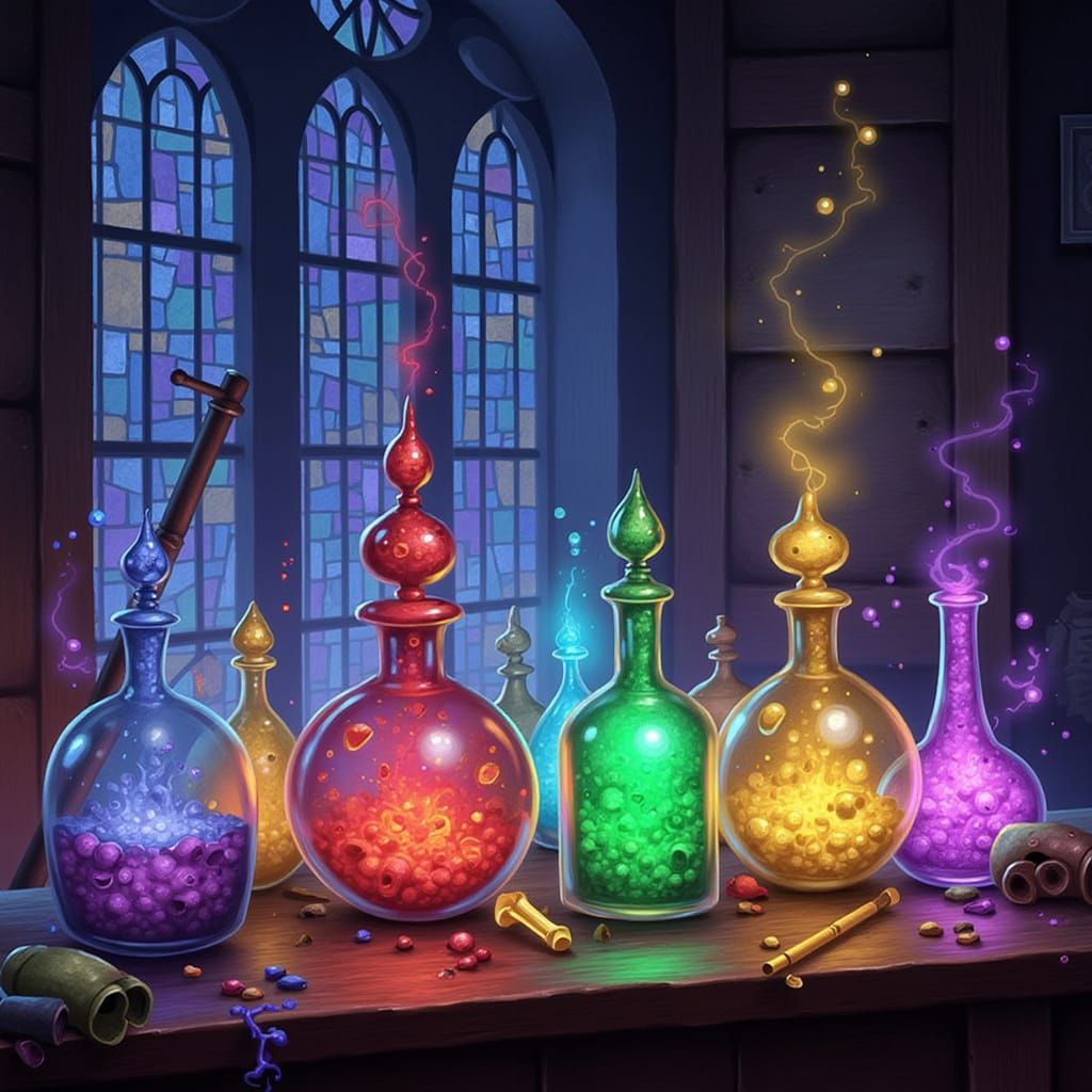 Glowing Potions on Alchemist's Table
