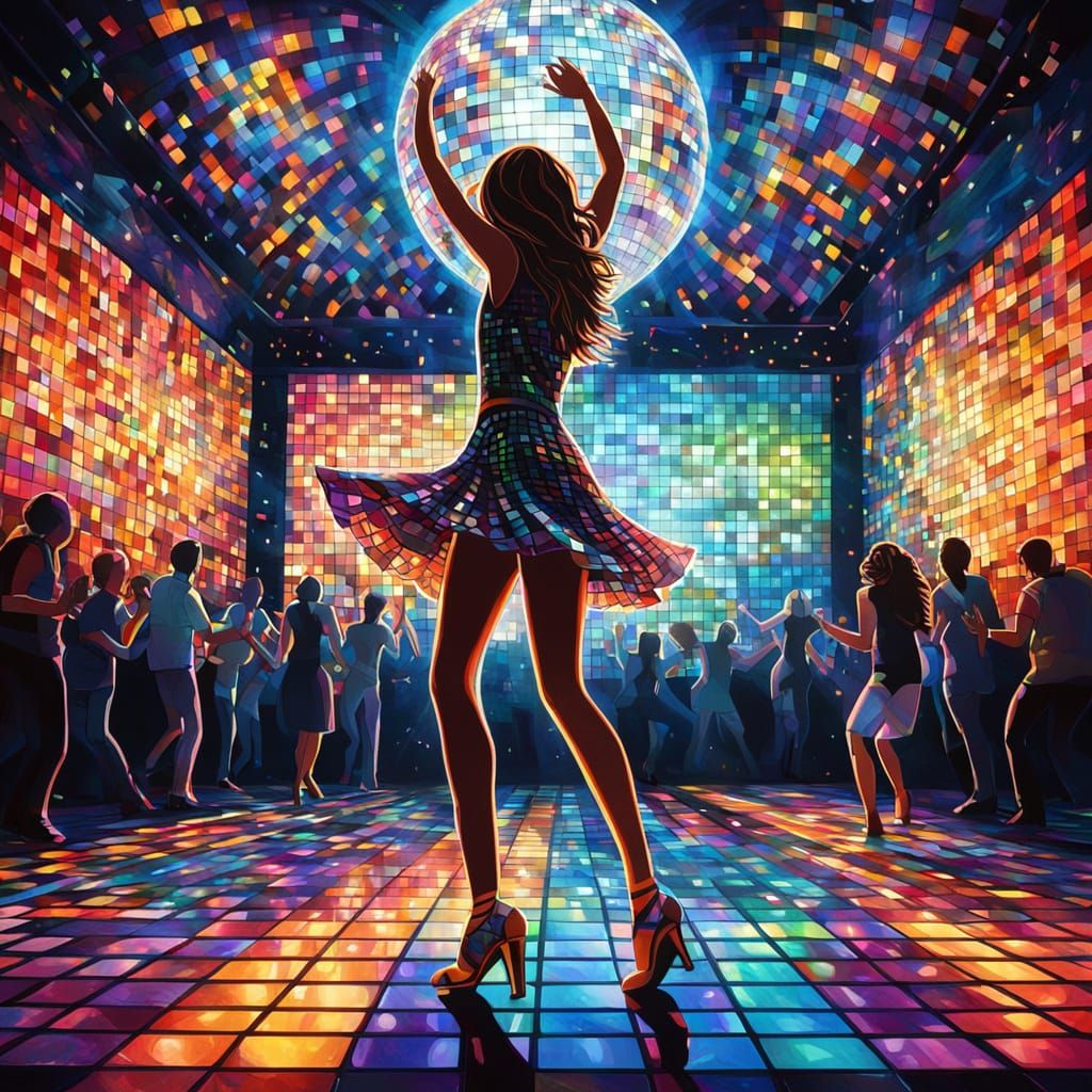 a woman dancing alone on a bustling disco dance floor