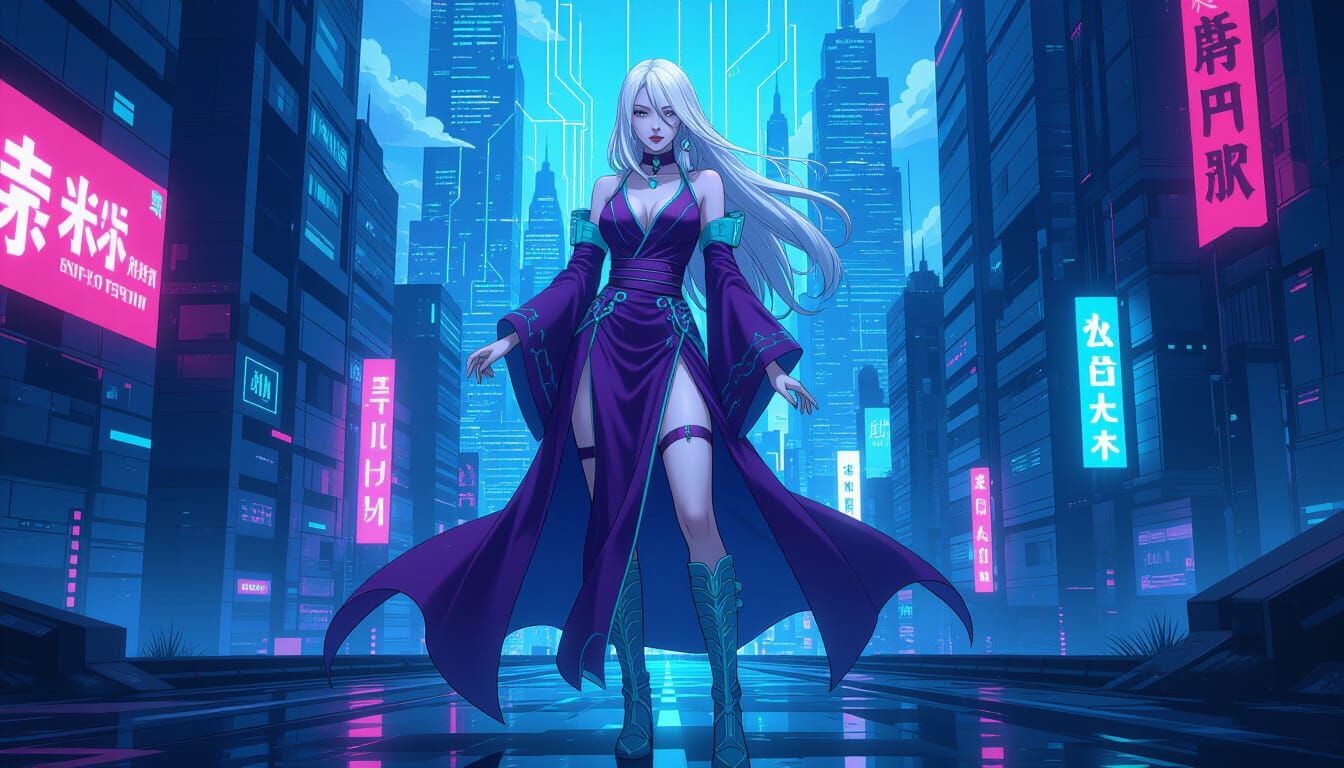 Cyberpunk Android in Futuristic Cityscape, Semi-Anime Style