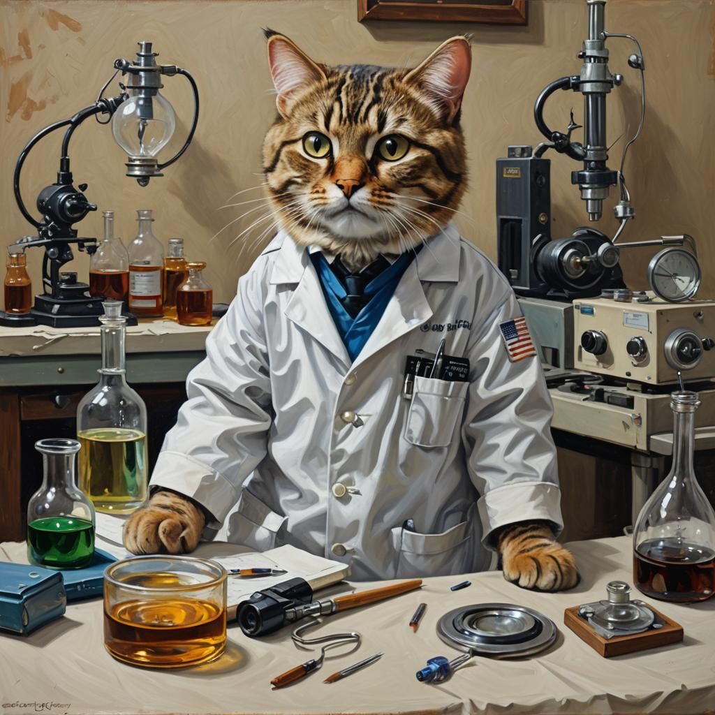 Tabby Cat Scientist in Lab, Oil Painting Style