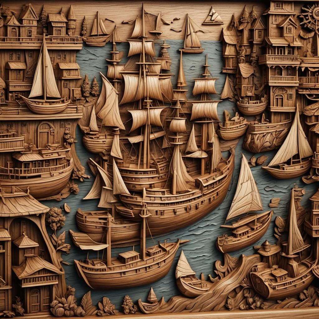 Detailed Wood Carving of a Bustling Harbor