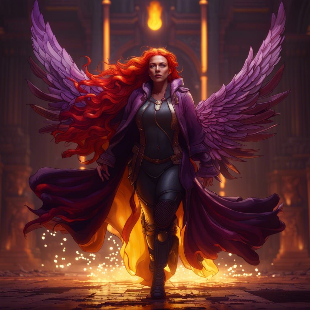 Phoenix Powered Woman with Red Hair in Dark Fantasy Style