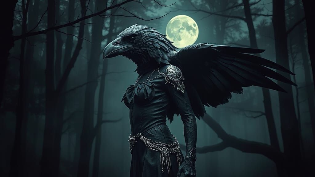 Mystical Raven-Woman in Misty Forest with Biomechanical Acce...