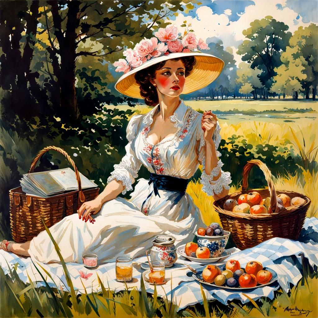 Victorian Woman's London Picnic: Ink Splash Art