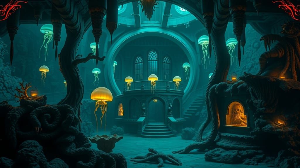 Spooky Underwater Mansion with Bioluminescent Lighting