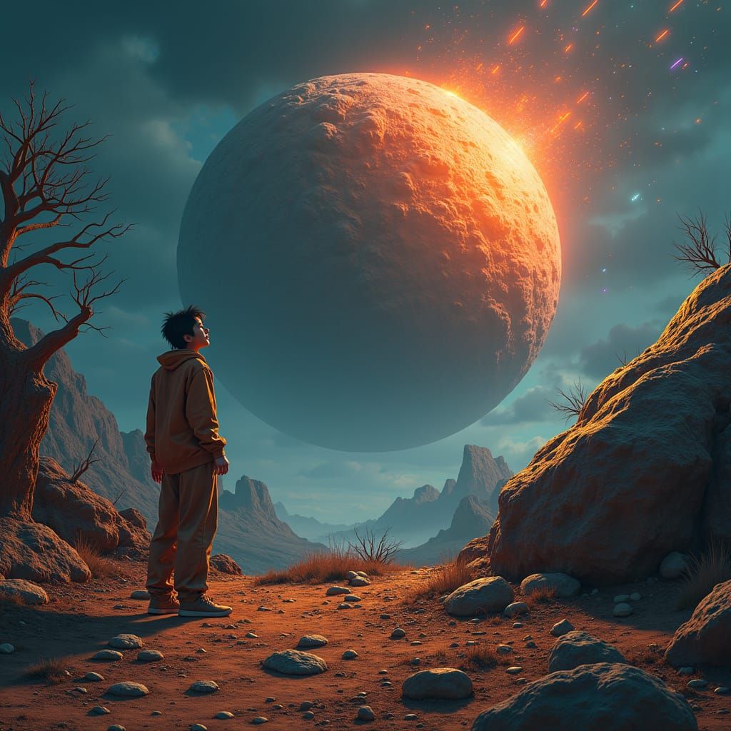 Worried Person Gazing at Asteroid in Apocalyptic Landscape