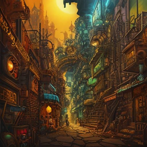 Steampunk Caterpillar in Surreal Cityscape