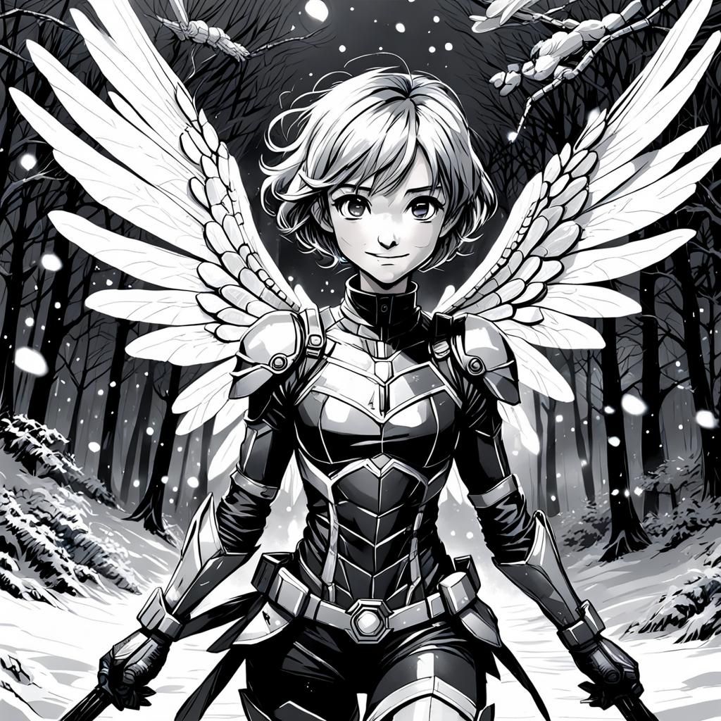 Anime Winter Angel with Dragonfly Wings, Manga Sketch