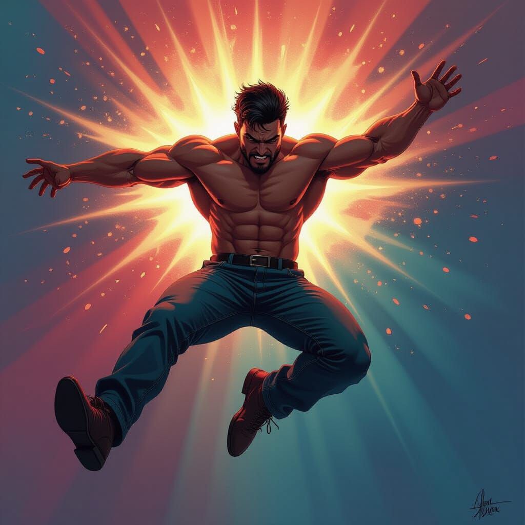 Hyperrealistic Man in Mid-Fall, Dynamic Comic Art Style