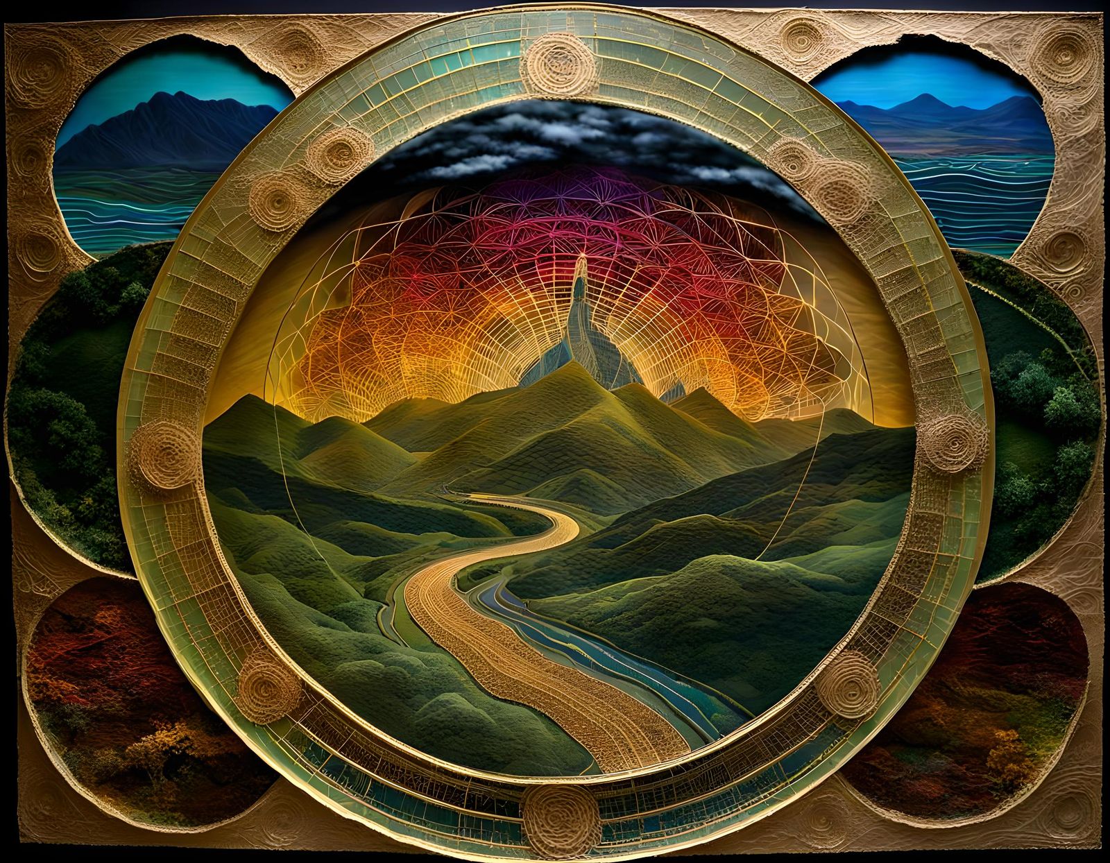 Intricate Terraformed Landmark with Gold Leaf Highlights