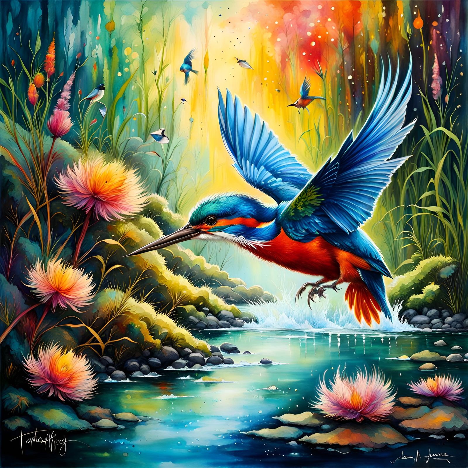 Kingfisher Dive: Colorful Fantasy Artwork