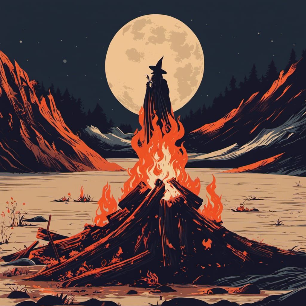 Minimalist Witch Pyre Under Full Moon