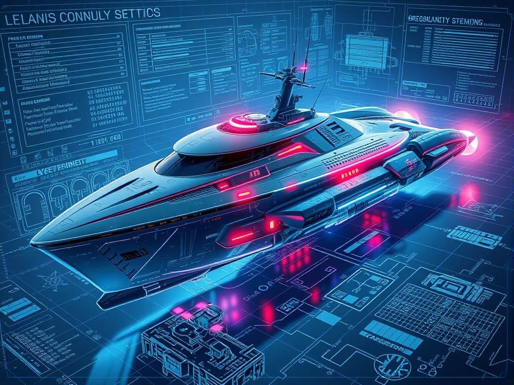 Holographic Blueprint of Futuristic Naval Vessel