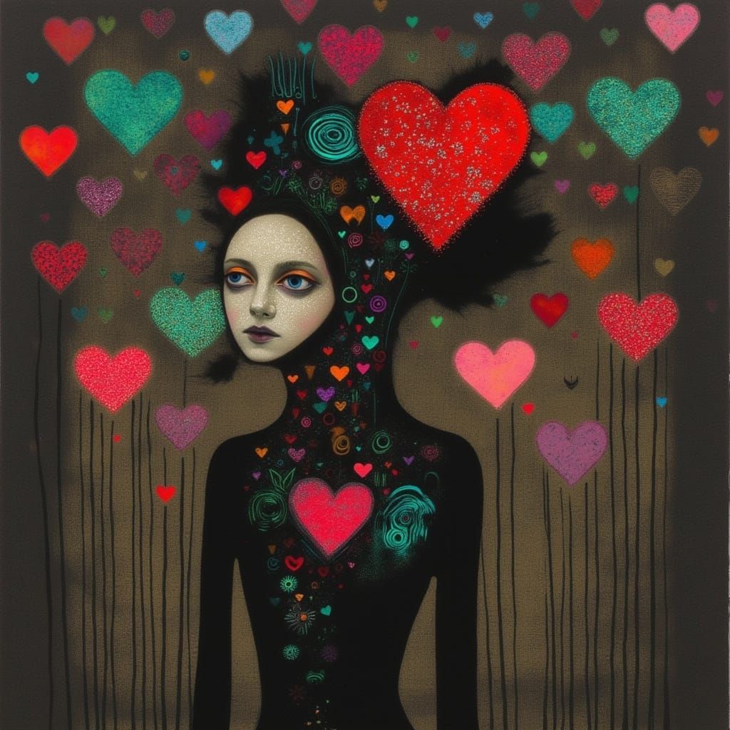 Abstract Woman With Sparkling Heart in Dark World