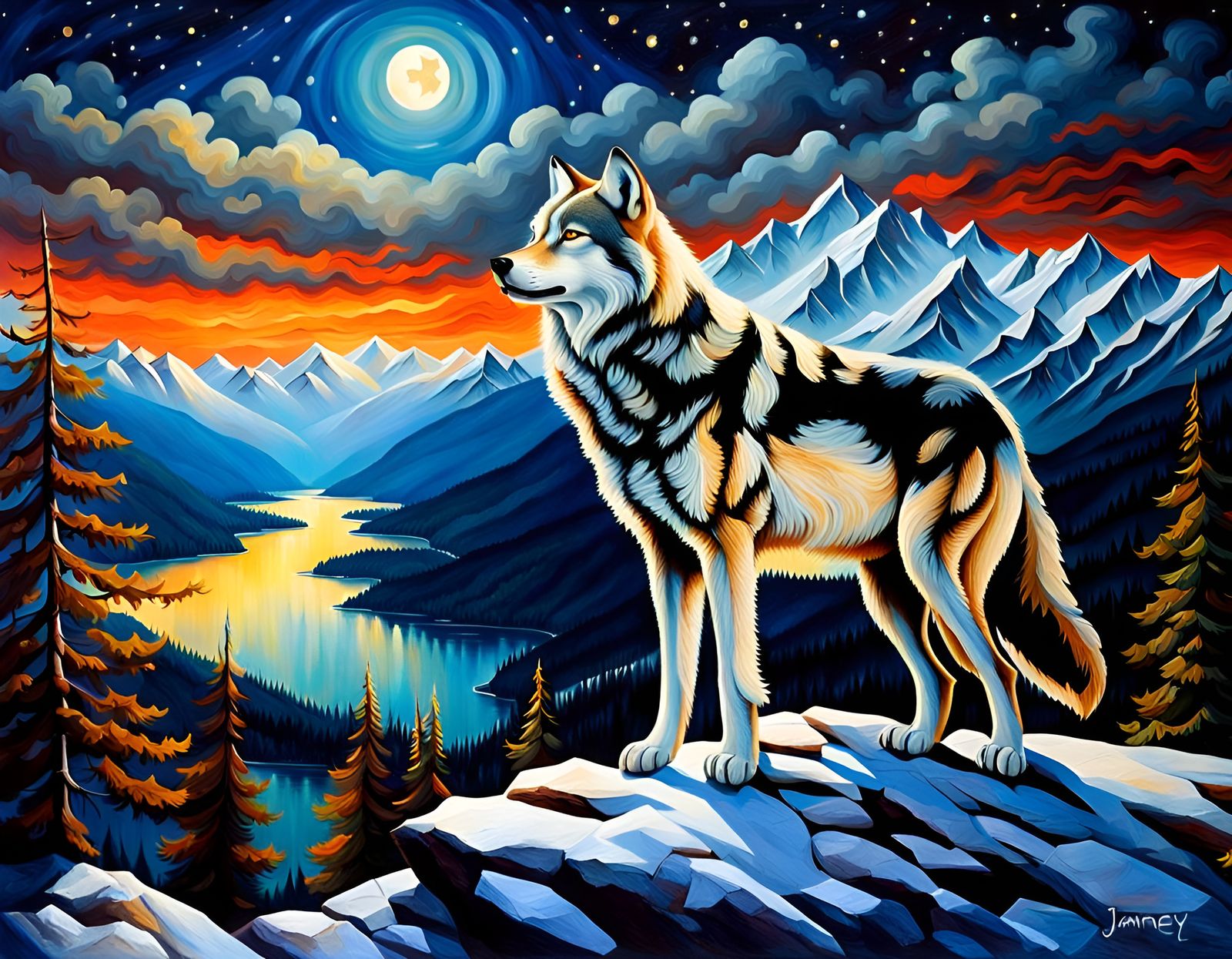 Wolf on Kashmir Promontory Under Moonlit Sky