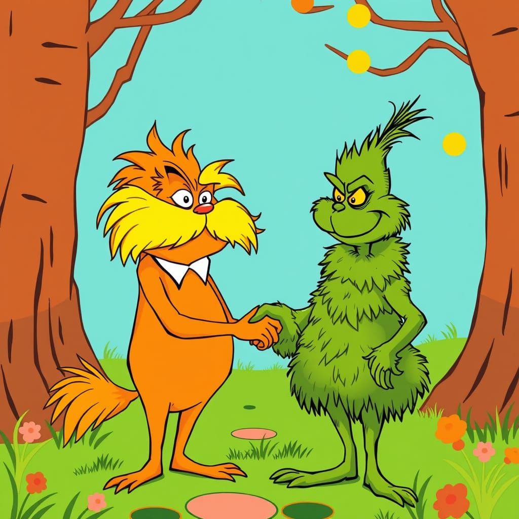 Lorax and Grinch Handshake in Seussian Landscape