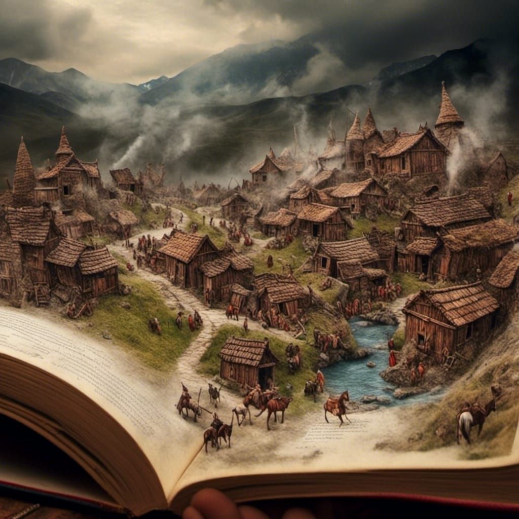 <lora:Scytian:1.0>  Miniature Village world coming out of an...