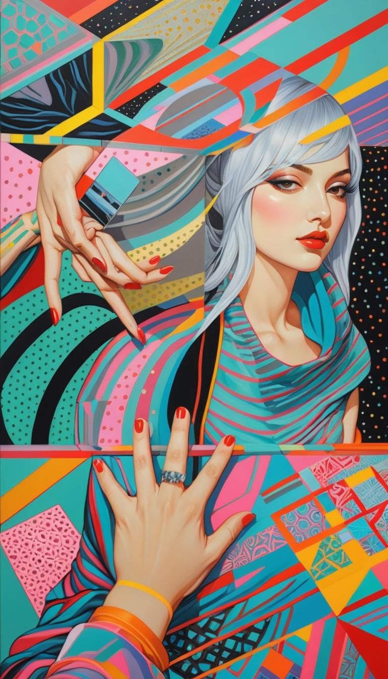 Dynamic Portrait with Figures Embracing in Mixed Media