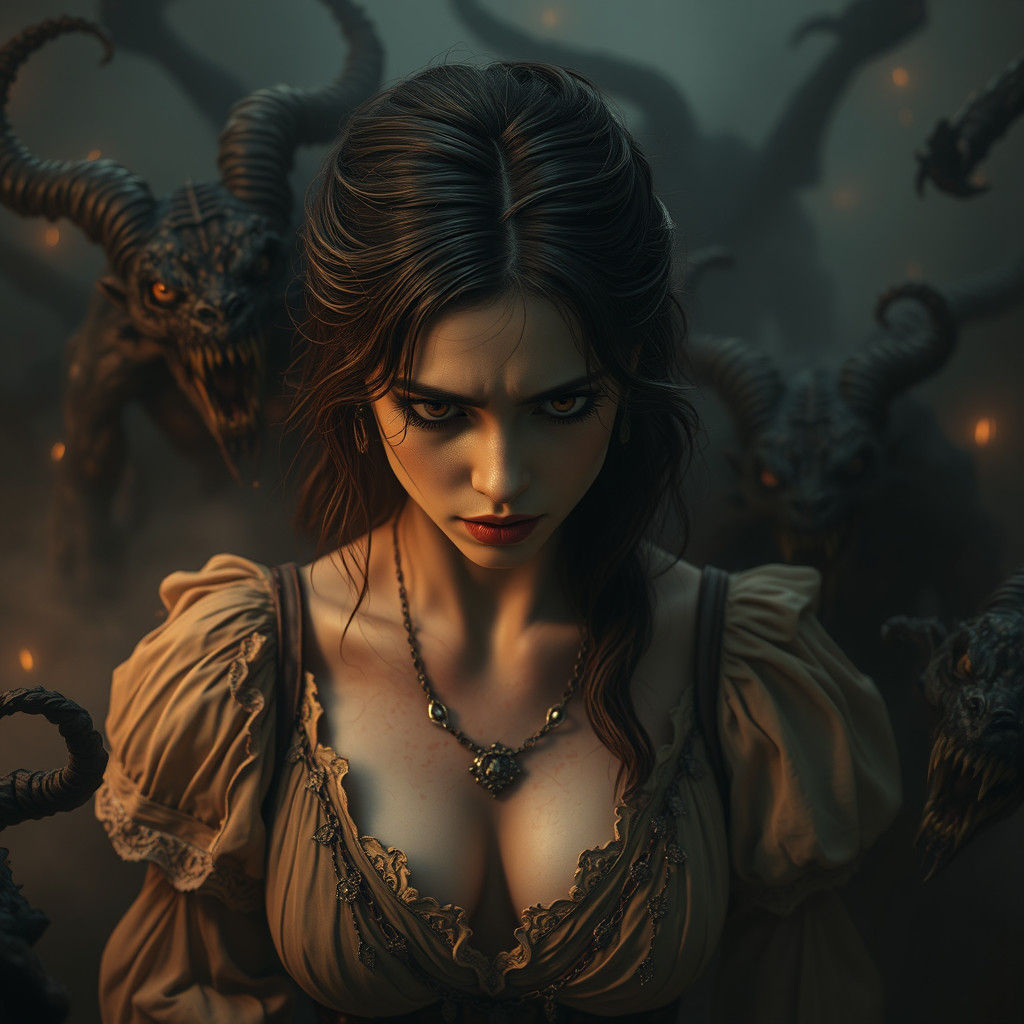 Distressed Woman Surrounded by Demons in Eerie Mist