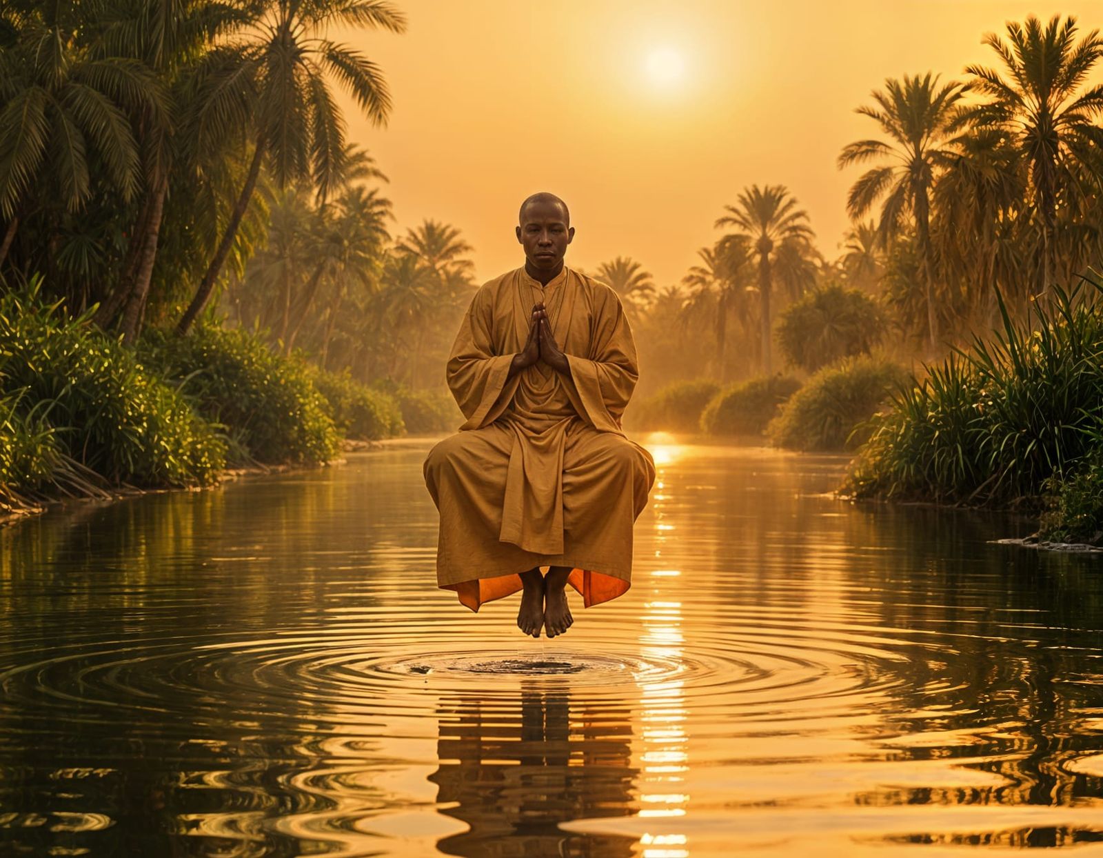 Nigerian Monk Levitating Over Nile at Sunrise