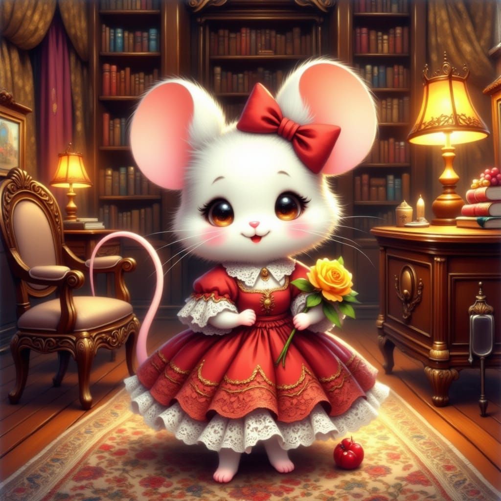 Whimsical Victorian Mouse Girl in Elegant Study