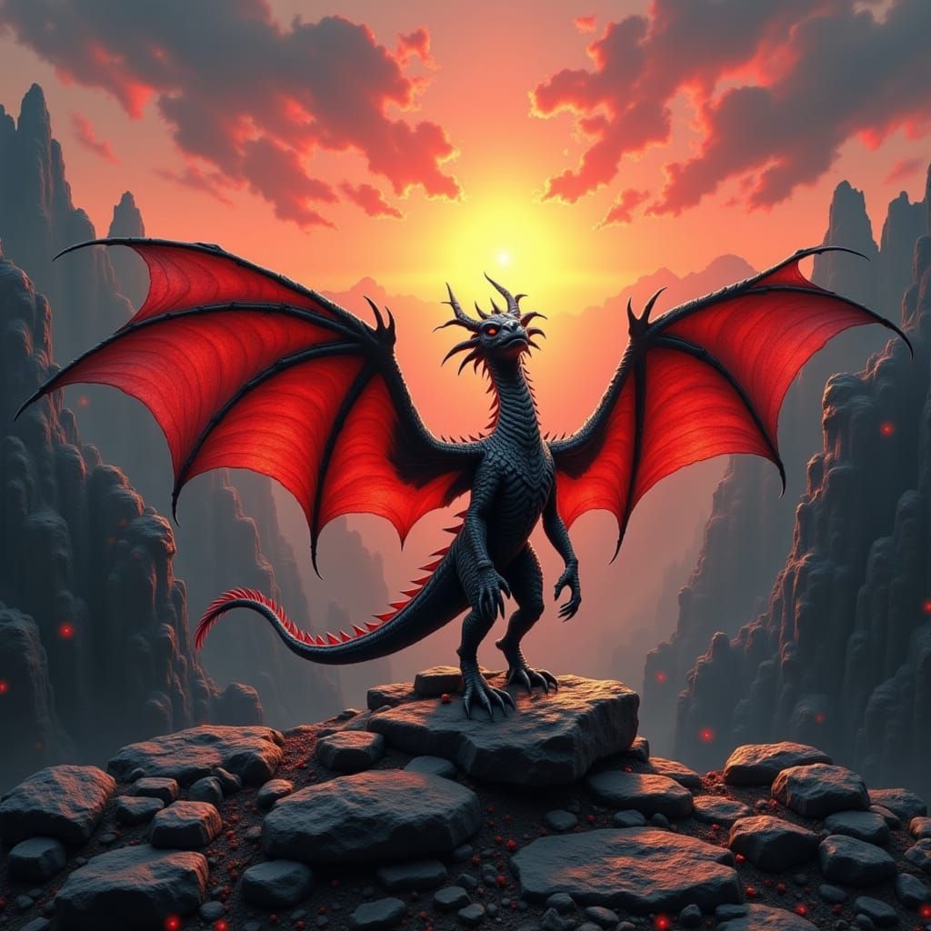 Epic Digital Painting of Dragon at Sunrise in Rocky Mountain...