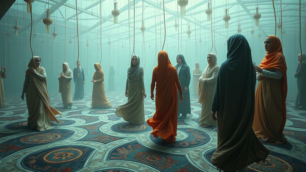 Surreal Carpet Landscape Traps Figures in Cinematic Stasis