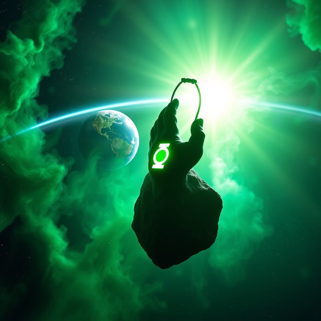 Green Lantern Cosmic Art: Emerald Light Shines from Asteroid