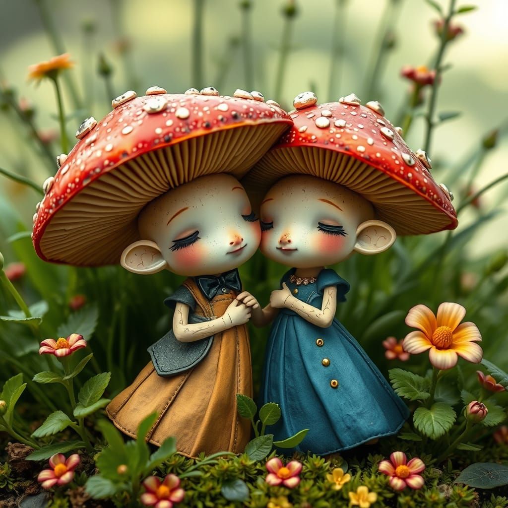 Whimsical Mushrooms Embrace in Lush Greenery