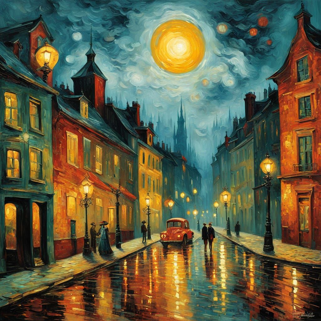 Mystical Steampunk Cityscape in Neo-Impressionist Style