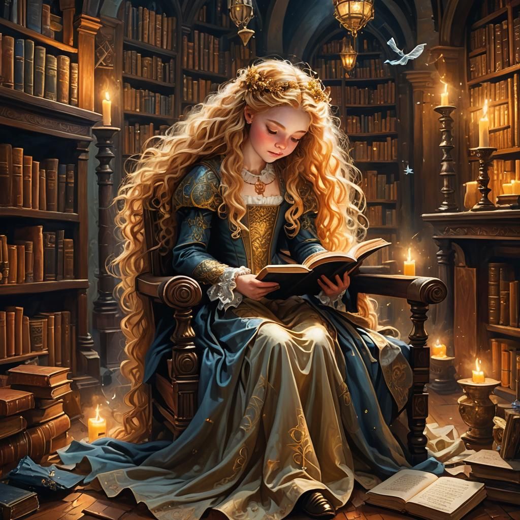 Medieval Girl Reading Magic Book: Digital Oil Painting
