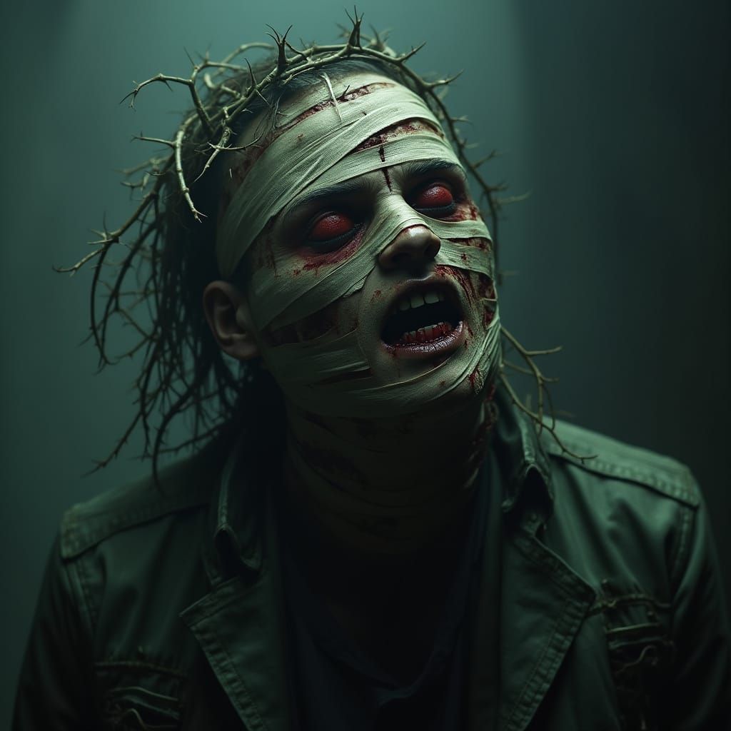 Scared Severed Head Wrapped in Thorns