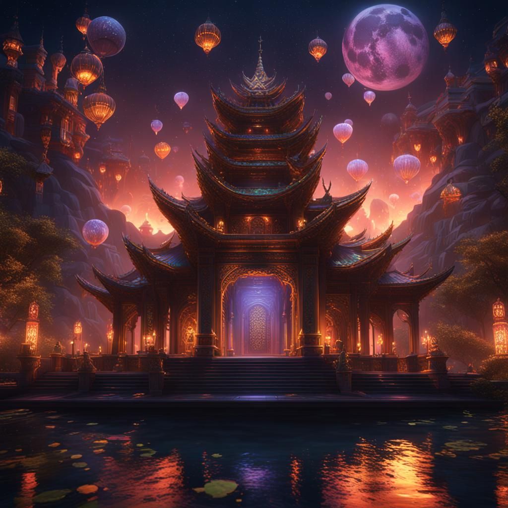 Glass Lotus at Night: Detailed Matte Painting