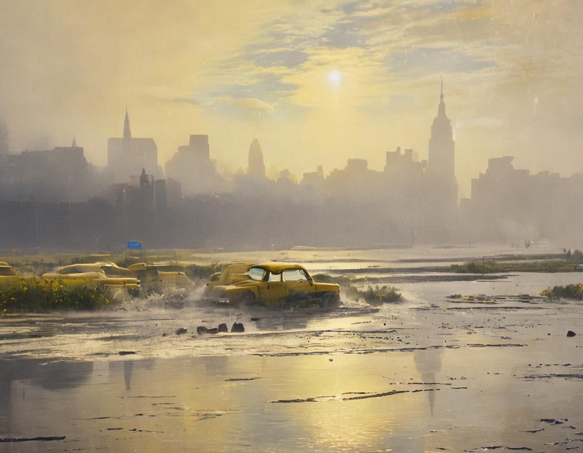 Futuristic Cityscape: Yellow Cab in Impressionist Style