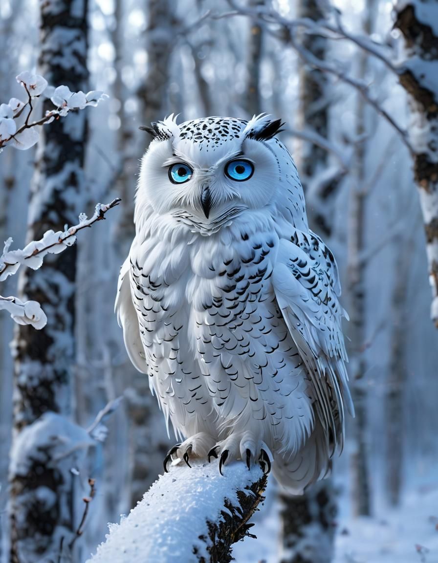 Holographic White Owl in Snowy Birch Forest